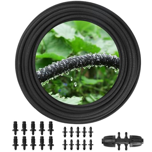 MIXC 80% Water-Saving Soaker Hose 1/4 x 100 Ft Drip Irrigation Tubing for Garden Lawn Flower Beds & Vegetable Rows with 1/4 Drip Fittings