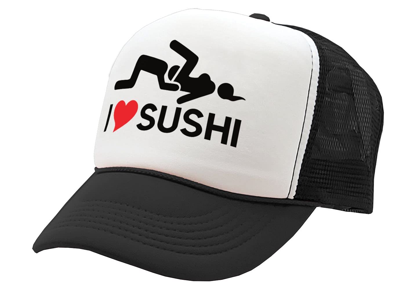 I Heart Sushi - 69 eat Out Sexy Down Town - Vintage Retro Style Trucker Cap Hat (Black)
