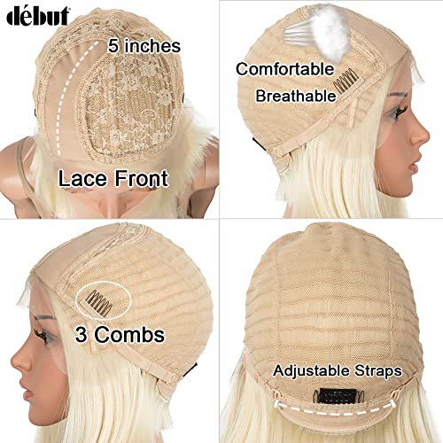 Début Lace Front Wigs For Black Women Short Bob Simulated Scalp Side Lace Wigs Synthetic Straight Hair Swiss Lace L Part Heat Resistant Fibers Half Hand Tied 9.5" 120G (Blonde #613 Color) #TOP4