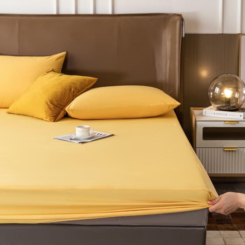 Lenzuolo con angoli king,Coprimaterasso impermeabile a prova di urina in TPU spazzolato tinta unita, coprimaterasso con tasca profonda per hotel camera da letto, giallo, 180*220 cm (71 X 87 pollici)