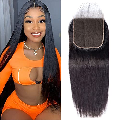 4X4 Closure Staight Human Hair With Closure Only Pre Plucked With Baby Hair Real Human Hair Free Part Bleached Knots Transparent Lace Unprocessed Brazilian Virgin Hair Natural Color 10 Inch