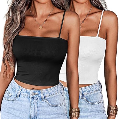 Ekouaer Mujer Camiseta Pack de 2 Crop Camisole Sexy Tank Top Spaghetti Strap Corto Sleeveless Básicas Camistas Shirts Tube Tops Negro + Blanco M