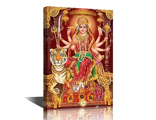 TISHIRON Durga Mata Canvas Wall Art Hindu God with Colorful Background Pictures Posters Wall Decorations for Living Room Bedroom Home Walls Framed Ready to Hang 24x16inch