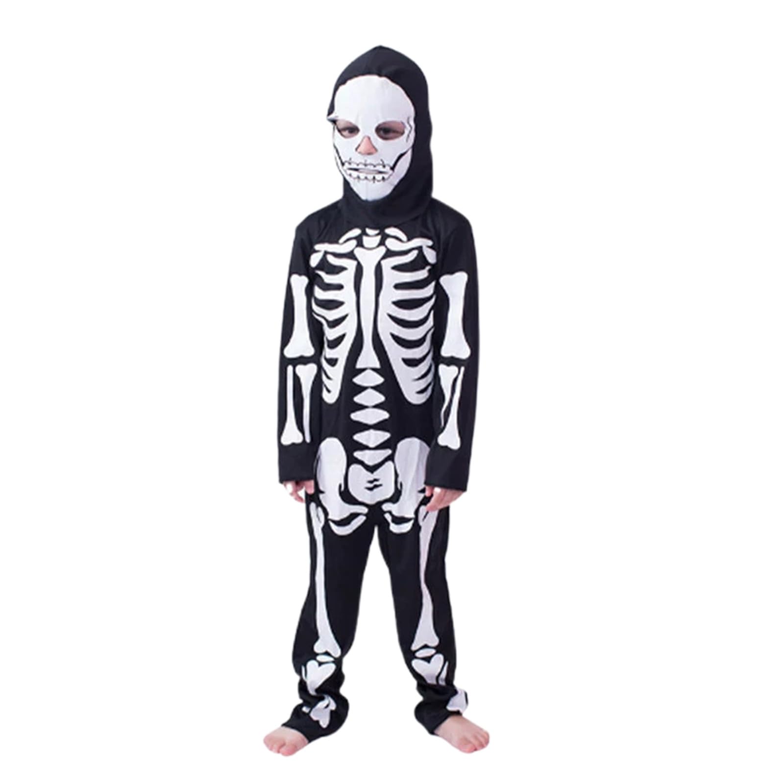Kids Boys Girls Skeleton Costume, Black with Hooded All in One, Halloween Child Fancy Dress, Skeleton Dress Up Costumes Unisex Skeleton Jumpsuit for Halloween Cosplay Outfit Theme Party (White, 150)