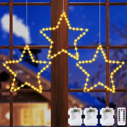 FZIFZI Luci Natalizie, 3 Pezzi 40 LED Luci Natale Decorazioni Stelle, 8 Modalità Batteria Tenda Luminosa con Stelle, Timer, Luci di Natale con Telecomando per Esterno/Interno,Decorare, Natale, Porta