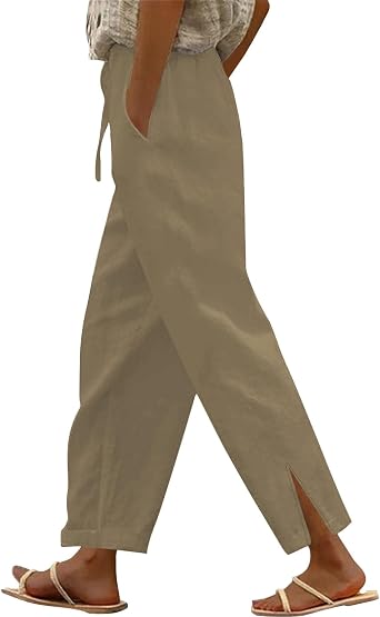 lcziwo Linen Wide Leg Pants Women Oversized High Waisted Casual Pant Lightweight Elastic Waist Pants with Pockets