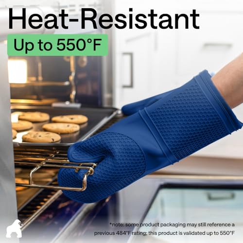 Image of GORILLA GRIP BPA-Free Soft Silicone Oven Mitts, 14.5x8.3, Heat Resistant and Waterproof Cooking Gloves, Thick Cotton Lining, Flexible Gripping for Baking Grilling, Kitchen Potholders Set of 2, Blue