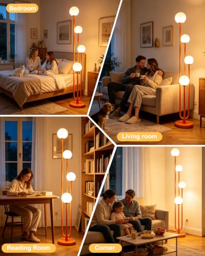Image of 4-Globe Dimmable Orange Floor Lamp, 63IN Standing Tall Lamps with 3000K Bulbs for Reading, Mid Century Modern Floor Lamp with 5Lbs Heavy Base for Living Room Bedroom Home Office