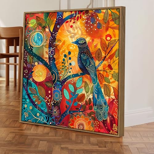 Image of PAINTINGMANTRA Large Framed Canvas Painting Abstract Birds In a Tree Wall Painting, Decorative Modern Paintings For Home, Living Room, Hotel Bedroom And Office Decor (Gold, Size 23x23 Inch)