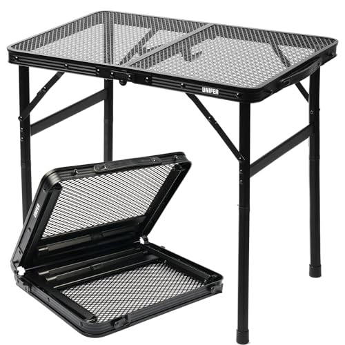 UNIFER Camping Table,2 Ft Portable Camping Table, Lightweight Portable Grill Table,Height Adjustable Metal Table with Carrying Handle,Small Table for Camping, Picnic, Beach and BBQ
