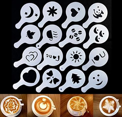 Chocolate Shaker Duster, Chocolate Shaker,16 Piece Coffee Stencils Set,for Coffee Lovers Decorating Cappuccino Latte Hot Chocolate Cocoa Cake Design Decoration