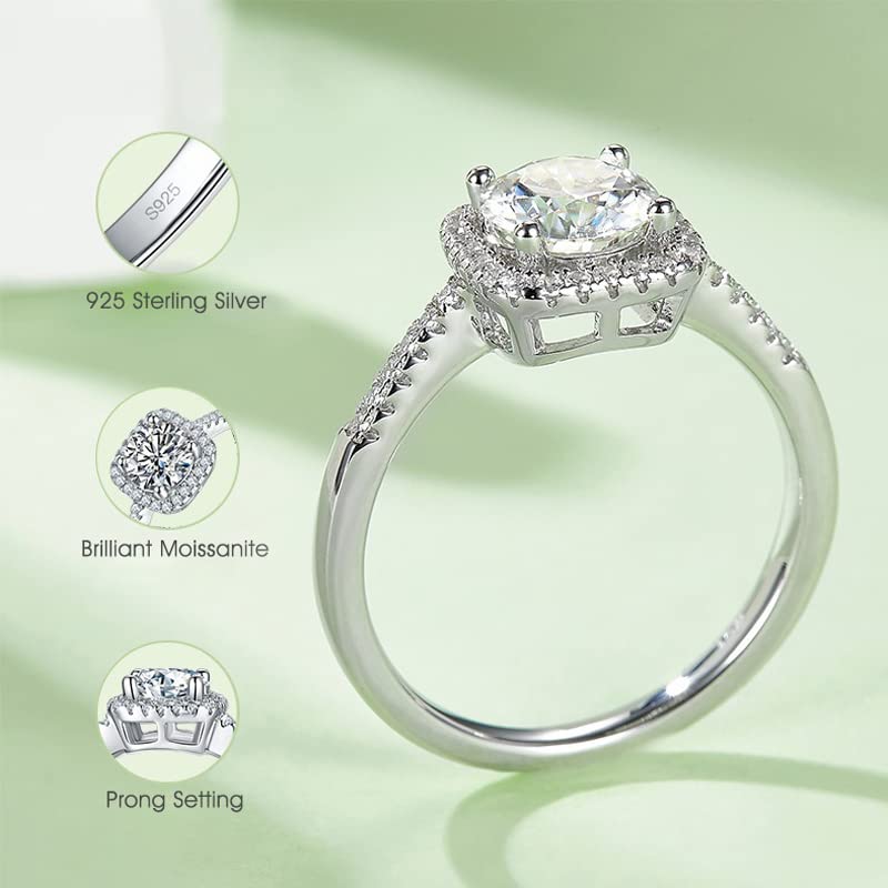 White/Pink/Yellow/Green/Black/Blue Moissanite Rings Wedding Promise Ring for Women 18K White Gold Plated 925 Sterling Silver 6.5mm Moissanite Halo Engagement Rings Christmas Gifts for Her(Size 5-10)3