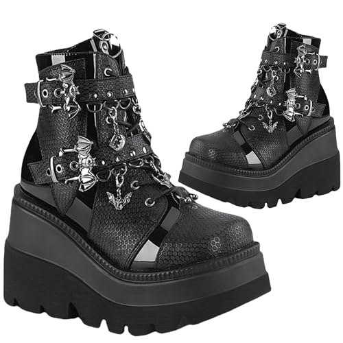 Image of Womens Goth Platform Boots Chunky High Heel Booties Round Toe Combat Ankle Boots Womens Lace Up Motorcycle Wedges Shoes