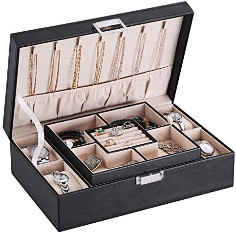 BEWISHOME Mens Jewelry Box, Jewelry Organizer with 4 Watch Case Removable Tray, Jewelry Storage Case for Necklace, Earring Ring Bracelet, PU Leather, Velvet Lining Black SSH07B