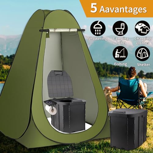Kit de inodoro portátil, inodoro para camping de mayor tamaño con tienda de privacidad desplegable y bolsas de gel para desechos, tienda de 4.93 pies de ancho lavable para duchas al aire libre y vestidores miniatura 2