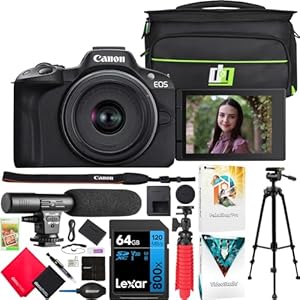 Canon EOS R50 Mirrorless Camera (Black) with RF-S 18-45mm F4.5-6.3 is STM Lens 5811C012 Bundle with Deco Gear Photography Bag + Microphone + Tripod + Software & Accessories Kit