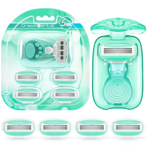 Image of DreamGenius Travel Razors for Women Include 1 Handle and 5 Cartridges, Extra Smooth 5-Blade Travel Essentials Razor with Case for Shaving, Green