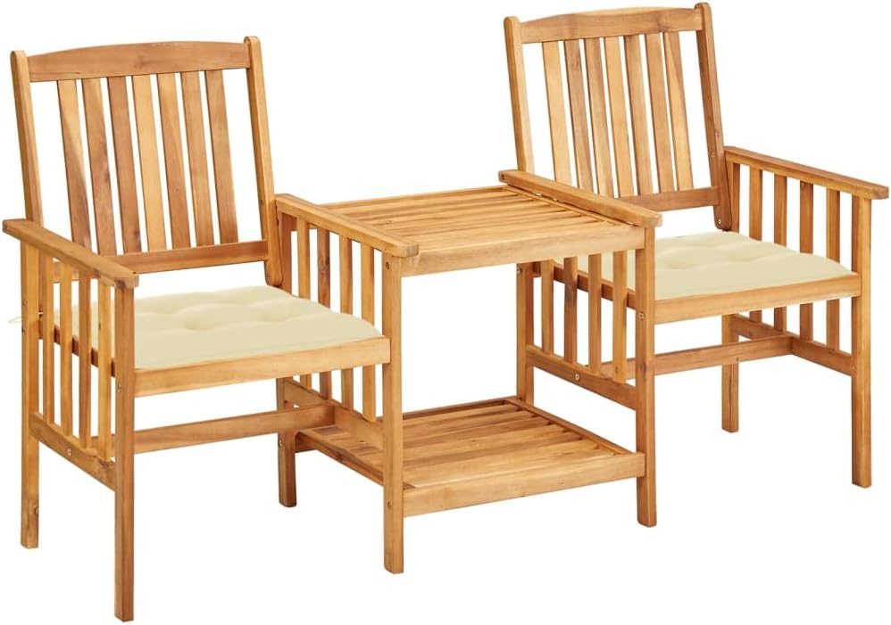 Patio Chairs with Tea Table and Cushions,Outdoor Bar Set,Front Porch Furniture,Afternoon Tea Suit,it will be Perfect for Decorating Your Yard, Poolside, Balcony, Patio and Home. Solid Acacia Wood