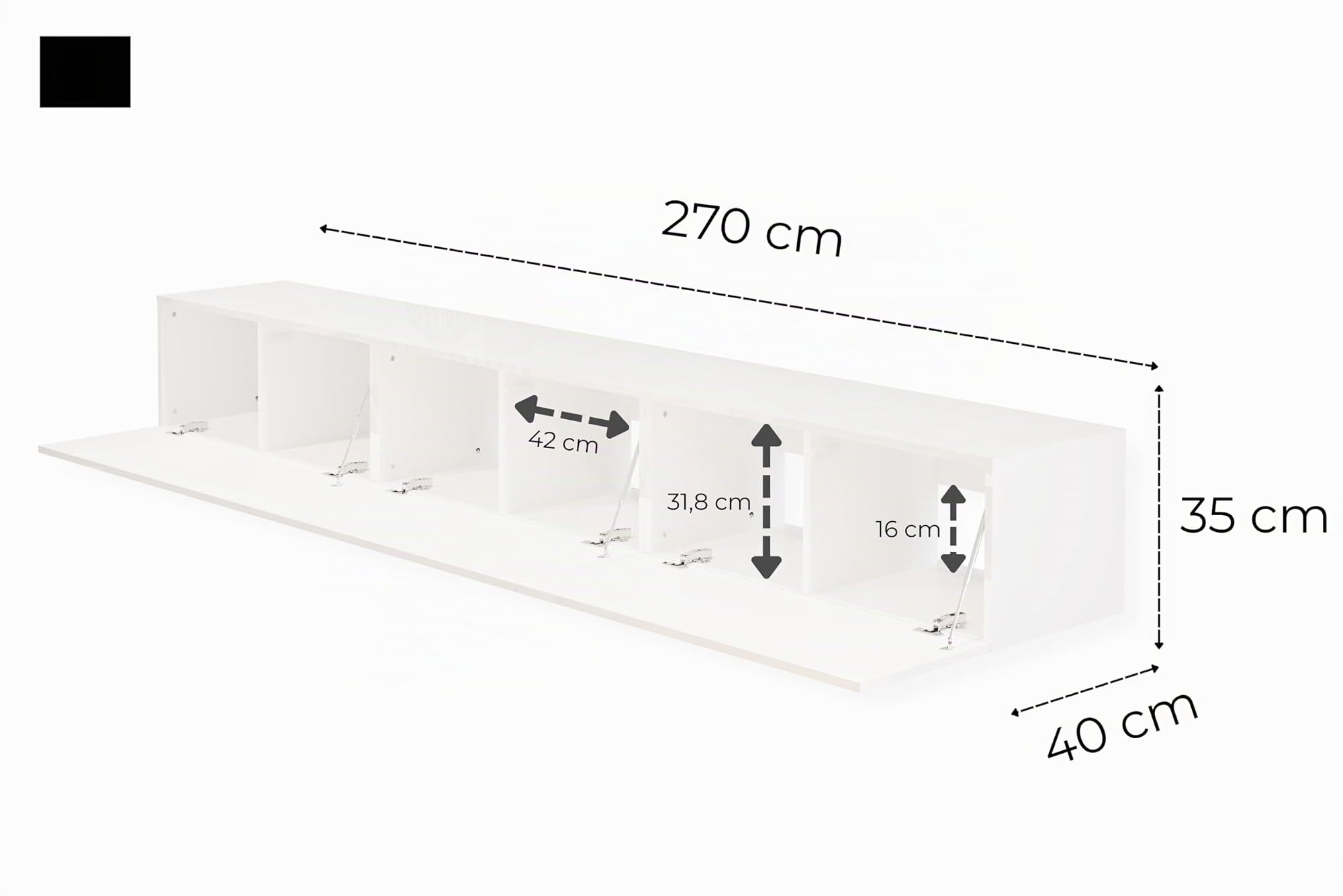 Lowboard Hängend Hochglanz Weiß 270 cm TV Unterschrank Push to Open Griffloses Fernsehtisch für Fernseher bis 85 Zoll Wohnzimmer 270x35x40 cm Wohnwand Modern