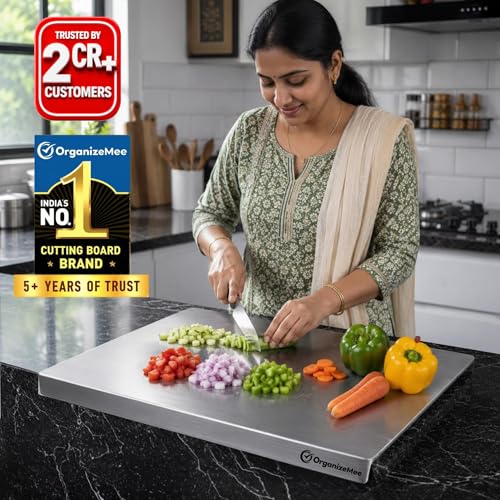 Image of Stainless Steel Chopping Board Large (42 cm x 30 CM), Steel Chopping Board for Kitchen Large,(with Rolling Pin) Rust-Proof Cutting Board with Anti-Countertop for Meat and Vegetables(Platform Medium)