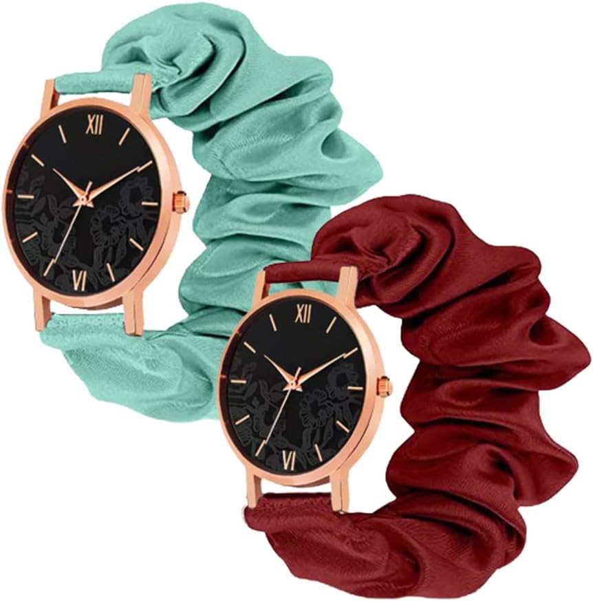FYLAINCE™ Combo Pack Scrunchies Watch Classic & Unique Scrunchies Watches Strap Cloth Soft Pattern Solid Fabric Wristband I Watch Cute Elastic Scrunchy Bands Watch for Women & Girls Combo Pack