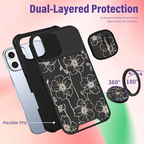 Image of Funermei for iPhone 16 Pro Max Case - Women Girls Cute Phone Cover Girly Pretty Aesthetic Black Floral Flower Unique Design with Camera Cover Funda for Apple for iPhone 16 Pro Max