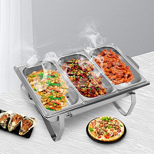 panfudongk Edelstahl Buffetwärmer Speisenwärmer Chafing Dish Buffet Set - Food Warmer Warmhaltebehälter 8L Speisewärmer - Catering Wärmebehälter mit 3 Speisenpfannen – Bild 7
