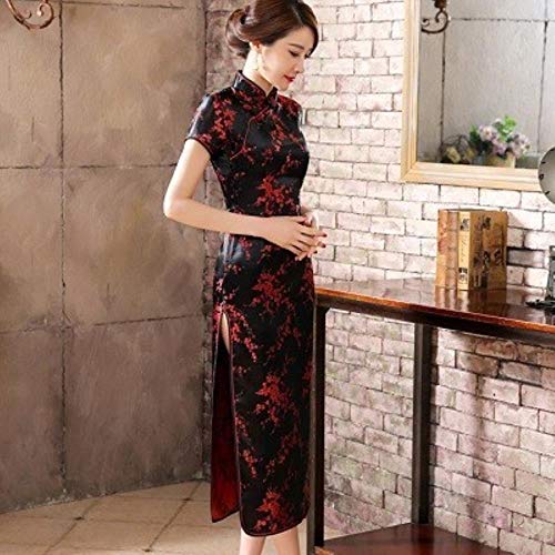 Chinese Dresses Cheongsam Dragon Phoenix Long Qipao Dress Sexy Split Tang Costume Lady Banquet Qipao,Black Red,M