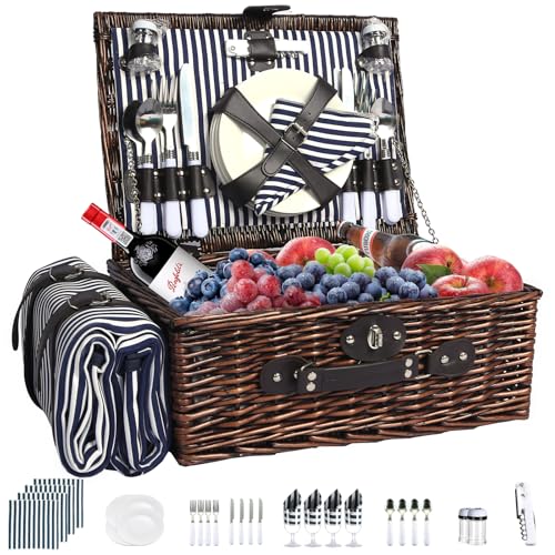 Picnic Basket for 4 Persons Willow Weaving Picnic Set with Cooler Insulation Bag and Waterproof Picnic mat Picnic Baskets for Camping,Wedding,Summer Beach, Outdoor,Birthday Gifts