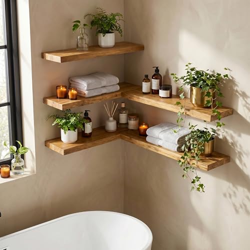 Image of Dreamland 55 Inch Floating Shelves for Wall, Solid Elm Wood Wall Shelves for Living Room, Bedroom, Kitchen, Bathroom, Wall Mounted Long Floating Shelf Set of 1, Natural
