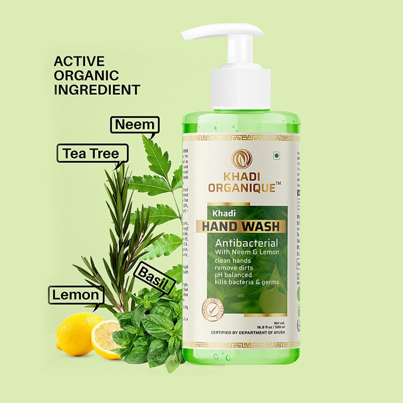 Image of Khadi Organique Hand Wash Advanced Lemon & Organic Neem Anti Bacterial Hand Wash For Best Ever Protection | Cleanses | Moisturizes Dermatologically Tested (500 ML)