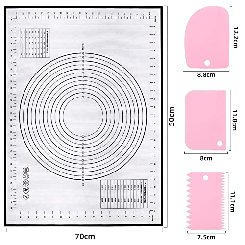 Silikon Backmatte Backunterlage Groß 70 x 50 cm Antihaft Teigmatte Ausrollmatte mit Messung Wiederverwendbar Backen Zubehör mit 3 Stück Teigschaber für Teig, Fondant, Macarons, Kekse, Pizza