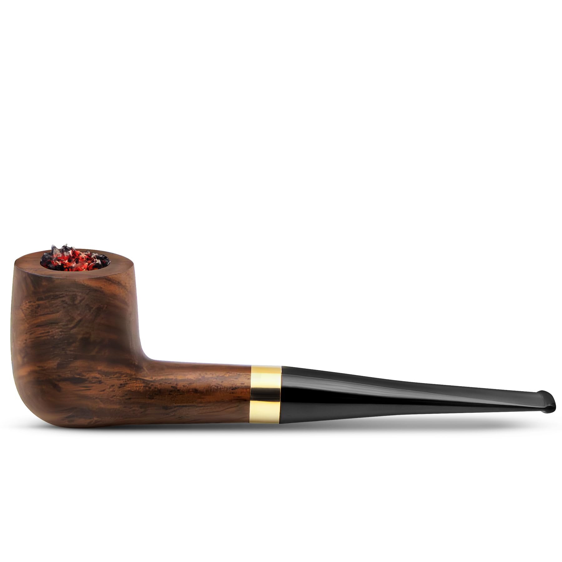 Handmade Ebony Tobacco Pipe, Straight Stem Wooden Smoking Pipe with 9mm Filter, Golden Ring Design, Classic Gentlemen Pipe Gift