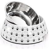 DEAYOU 2 in 1 Dog Food Water Bowl, 24oz Stainless Steel Pet Dishes, 7' Large Melamine Cat Feeder Bowls with Non-Skid Base for Large Medium Small Dog, Puppy, Feeding, Drinking, Raised, Cute Paw Print