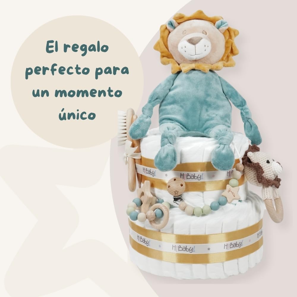 Tarta de pañales personalizada para bebé Baby Lion, Regalo Original para Baby Shower, Recién Nacido, Bautizo, Pañales D. Sensitive, Pastel de pañales