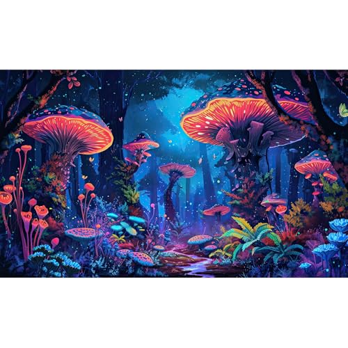 Mushrooms Aquarium Background Fantasy Bright Flowers Butterflies Fish Tank Backdrop Decoration Poster Trippy Wonderland Landscape with Giant Mystical Mushrooms Terrarium Background Decor 30x12in