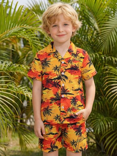 Image of DAXIANG Boys 2 Piece Hawaiian Outfit Summer Button Down Shirt and Pocket Short Sets Beach Vacation Clothes for Kid Size 3-10