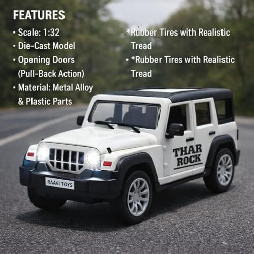 Image of Thar Roxx 1:32 Scale DieCast Metal Pull Back Action Openable Doors 4x4 Thar Premium Car Toy with Lights and Music for Kids,Gift 2+yrs Girls & Boys (Thar 1:32 Scale White)