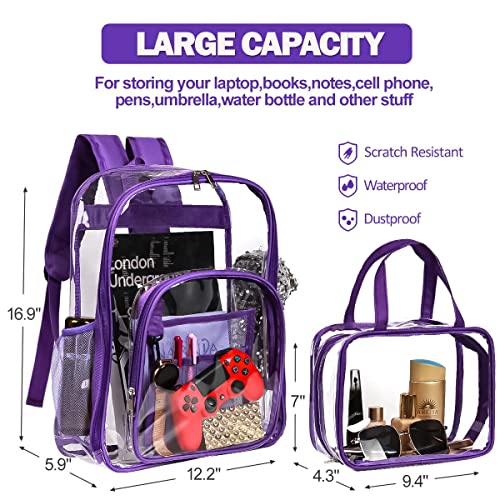 2 Pieces Heavy Duty Clear Backpack, Purple Pvc Waterproof Bag With Cosmetic Bag, See Through Book Bag With Lunch Bag, Stadium Approved, Reinforced Strap, School, Work, Women, Men #TOP4