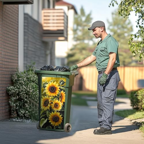Image of Peacoblue Wheelie Bin Stickers 2 Sheets Sunflowers Sticky Dustbin Stickers Decals, 15 inch x 32 inch Waterproof Large Wraps for Trash Cans Bins Fridges Door Wall Garden Outdoor Indoor Patio Decor