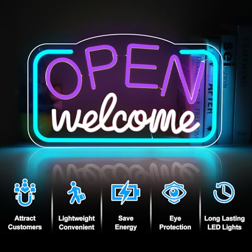 Image of Open Signs for Business, 16.9 inchX 9.4 inch Bright High Visibility LED Neon Open Sign Powered by USB with ON /OFF Switch, Adjustable Open Sign for Bar Shop Coffee Salon Hotel Store Walls Window Door Storefront (Purple)