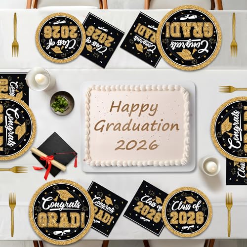 Image of QZYL 200Pcs Graduation Party Supplies 2026, Black and Gold Graduation Plates and Napkins, Disposable Grad Dessert Plates and Plastic Forks, Graduation Party Tableware for 50 Guests