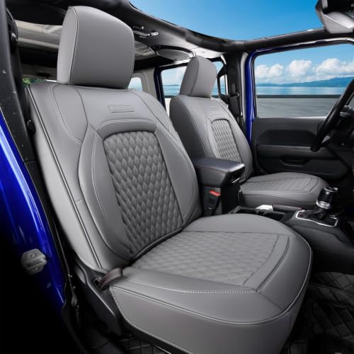 Image of Coverado Seat Covers for 2018-2026 Jeep Wrangler, Waterproof Gray Seat Covers Full Set, Vehicle Leather Seat Protector Cushion for Unlimited Sahara Rubicon Willys Jeep Wrangler JL Seat Covers 4 Door