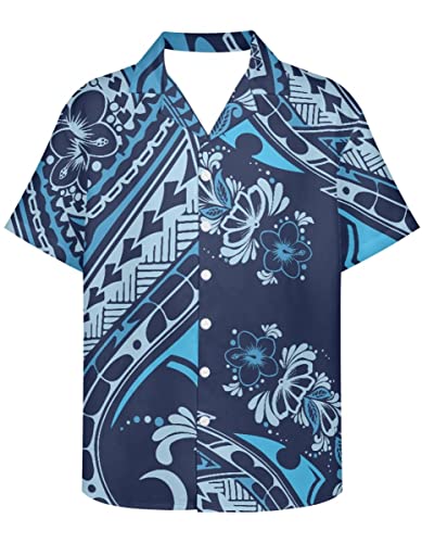 GLUDEAR Men's Polynesian Tribal 3D Print Casual Button Down Short Sleeve Cuba Collar Shirt