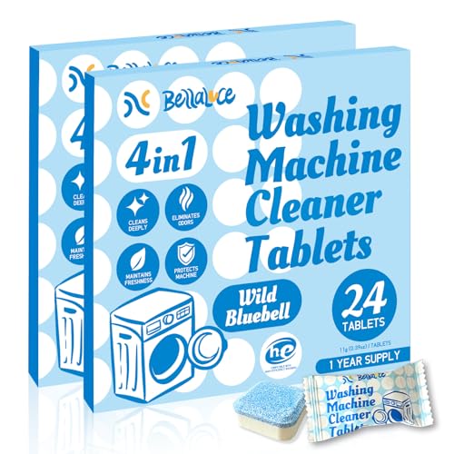 Image of Washing Machine Cleaner Tablets Deodorizer-48 Pack Deep Cleaning Washer Descaler Freshener-Dirt Buildups Stain Odor Remover Spotless -Top Front Load HE Machines Wild Bluebell Foaming 2 Year Supply