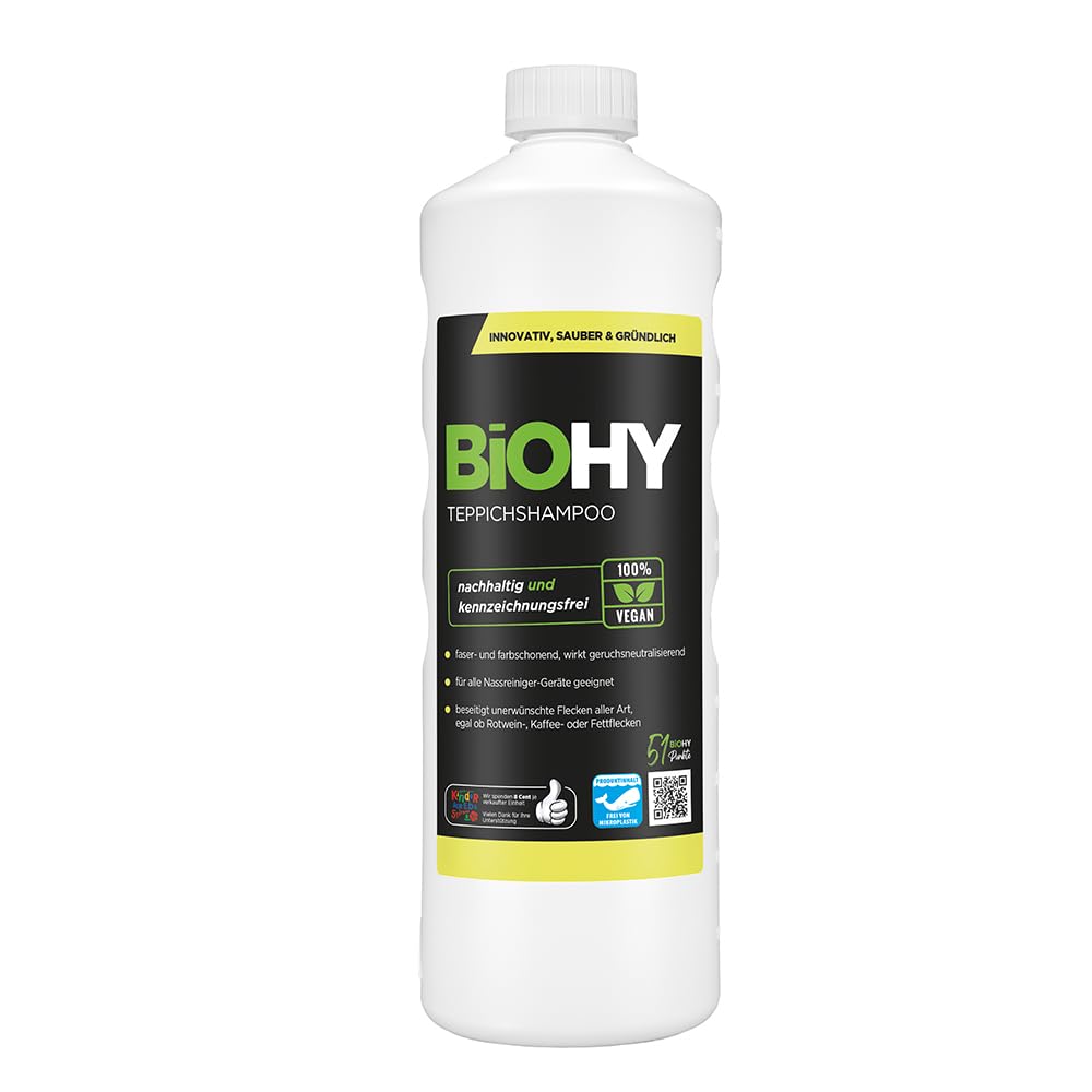 BiOHY Teppichshampoo (1l Flasche) | Teppichreiniger Konzentrat | ideal gegen hartnäckige Flecken | materialschonend & tierfreundlich | effektives Bio Mittel | kraftvoller Teppich Schaum