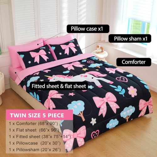 Image of Twin Comforter Set for Girls 5 Piece Black Pink Unicorn & Bow Bedding Set for Girls Super Soft Microfiber Bed Set Bed in a Bag with Comforter Sheets Pillowcase & Sham (5 Piece Twin Size)