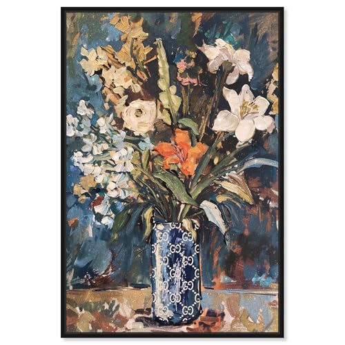 Image of Art Remedy Blue Floral Vase Canvas Floral Vase Wall Art, Black Frame, 36 inch x 54 inch