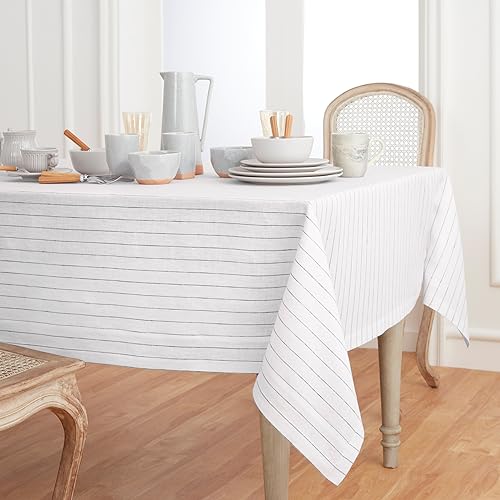 Solino Home Linen Tablecloth 60 x 90 Inch - 100% Pure Linen White and Black Table Cloth for Rectangle Tables - Pinstripe, Machine Washable Tablecloth for Spring by Solino Home - Image 3
