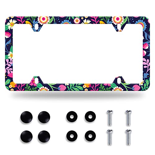 Colorful Flowers License Plate Frame Cute Floral License Plate Cover Stainless Steel Car Accessory Rustproof Personalize Beautiful License Plate 4 Holes Screws Decorative 12.3" X 6.3" Women Gifts #TOP8
